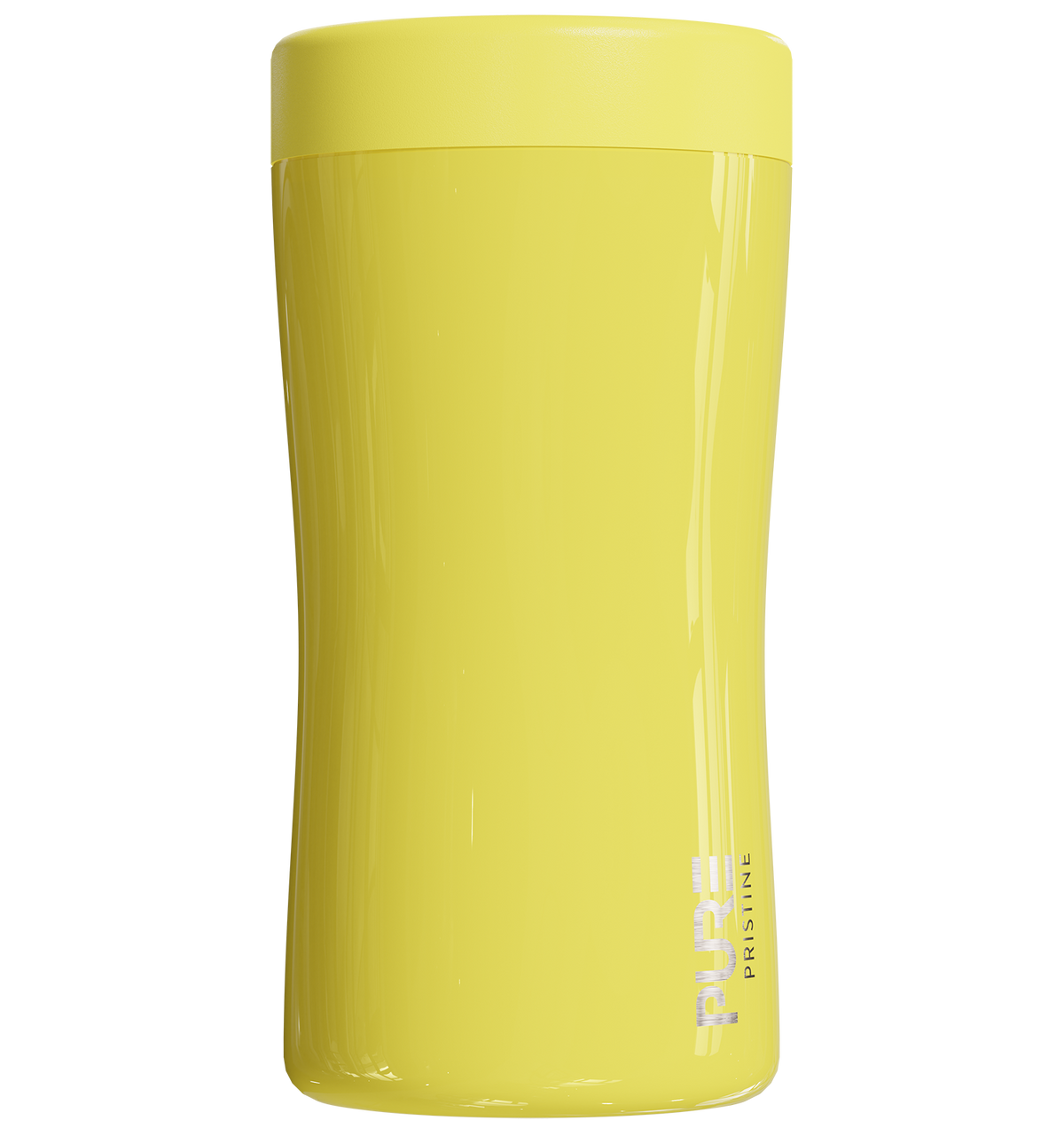 A yellow 12oz antimicrobial stainless steel can cooler designed to fit multiple sized cans and bottles.