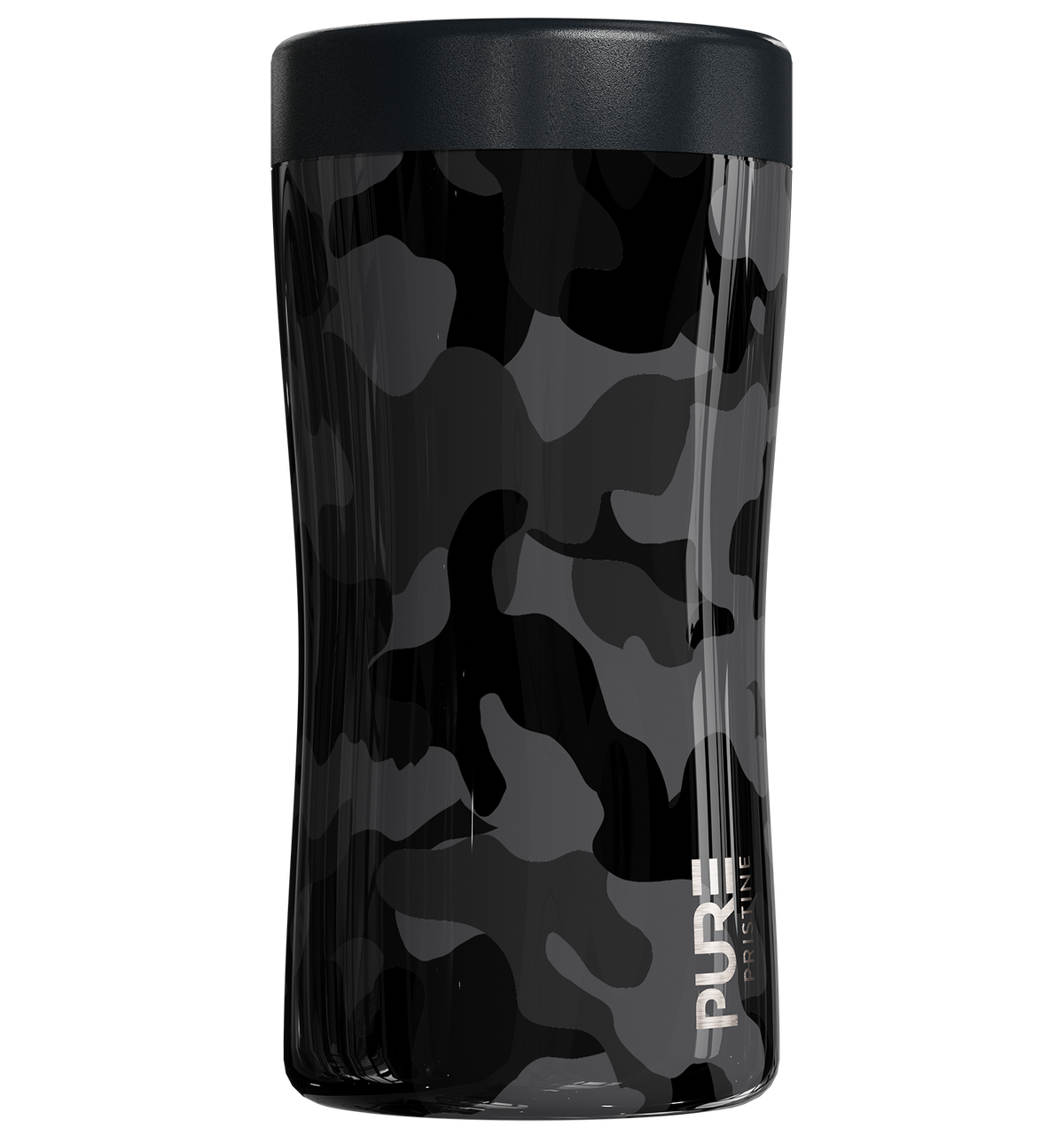 Insulated can cooler, holds 4 different size beverage cans and bottles in black camo print with PURE logo