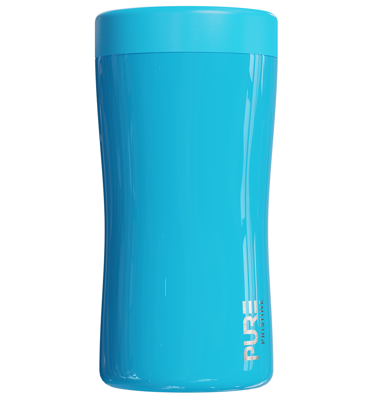 A blue 12oz antimicrobial stainless steel beverage holder designed to fit multiple sized cans and bottles, featuring the brand name PURE.
