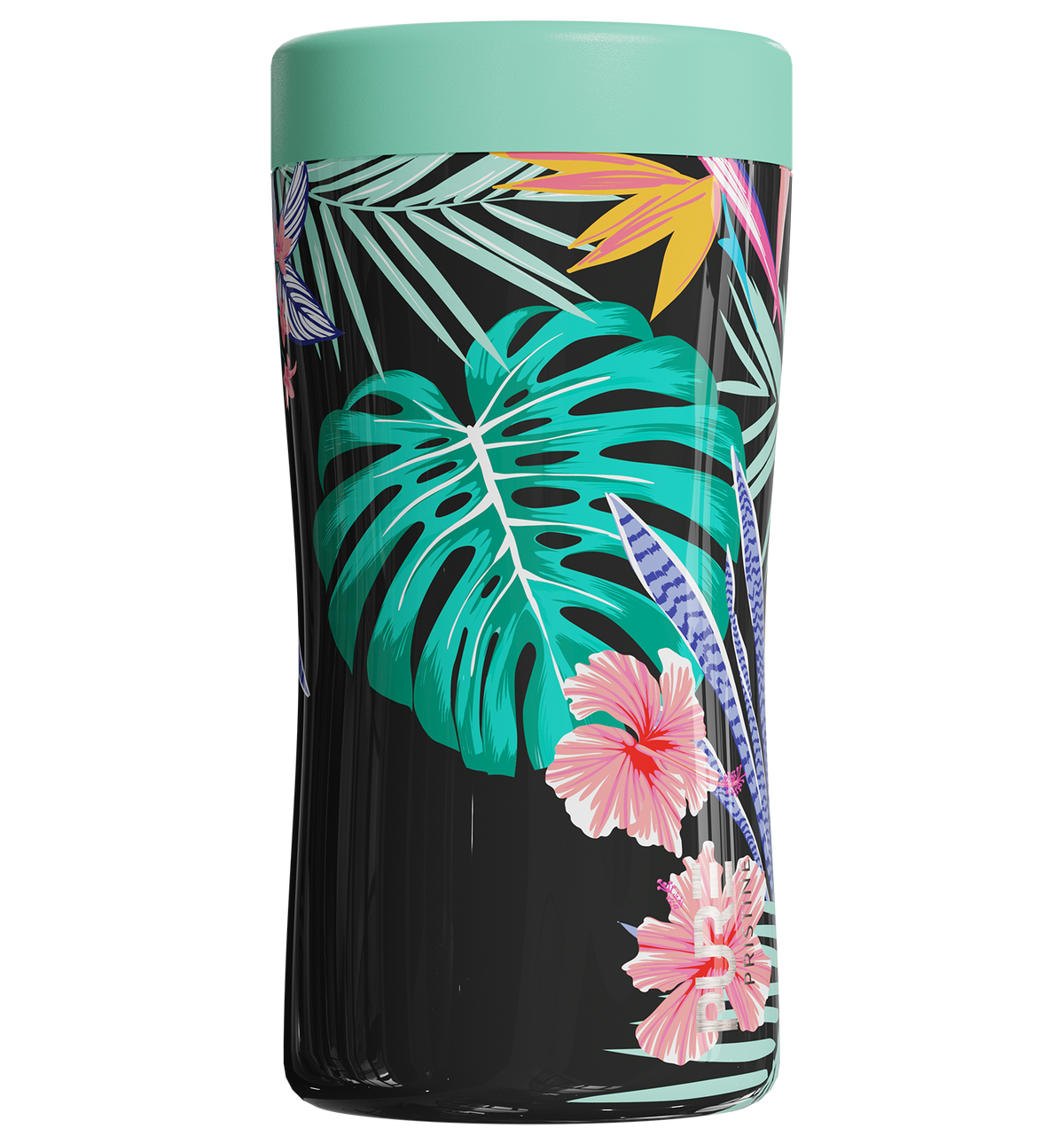 A stainless steel beverage holder with a wild utopia design featuring a palm tree and flower pattern.