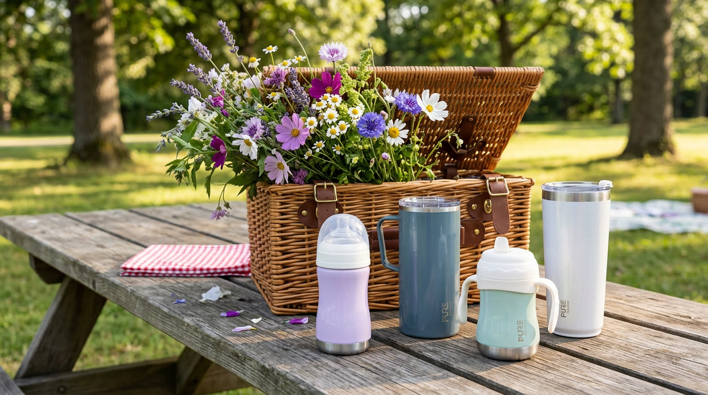 PURE drinkware speaker bottles lined up in sand