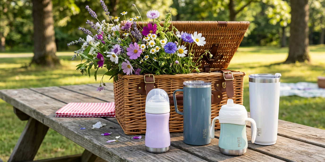 PURE drinkware speaker bottles lined up in sand
