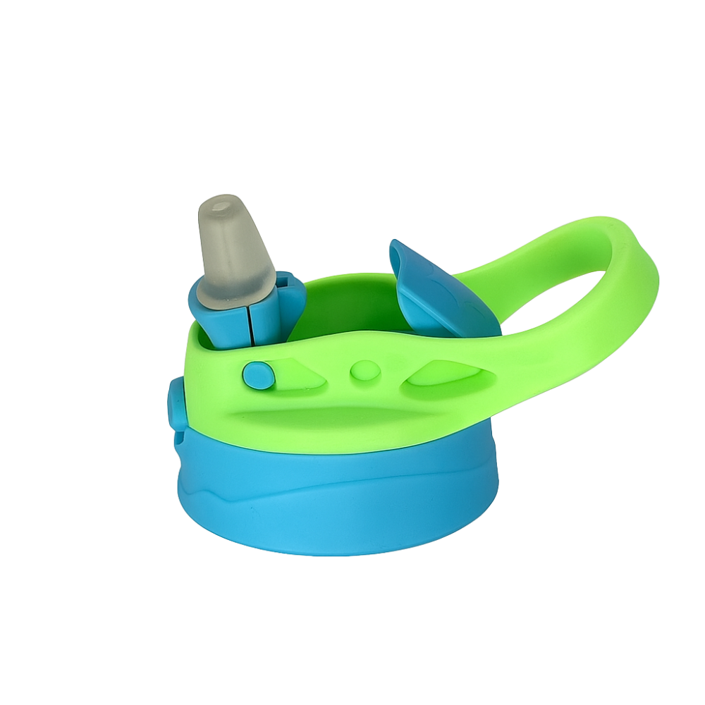 Green and blue kids flipswitch lid for sippy cups with handle on a white background