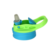Green and blue kids flipswitch lid for sippy cups with handle on a white background