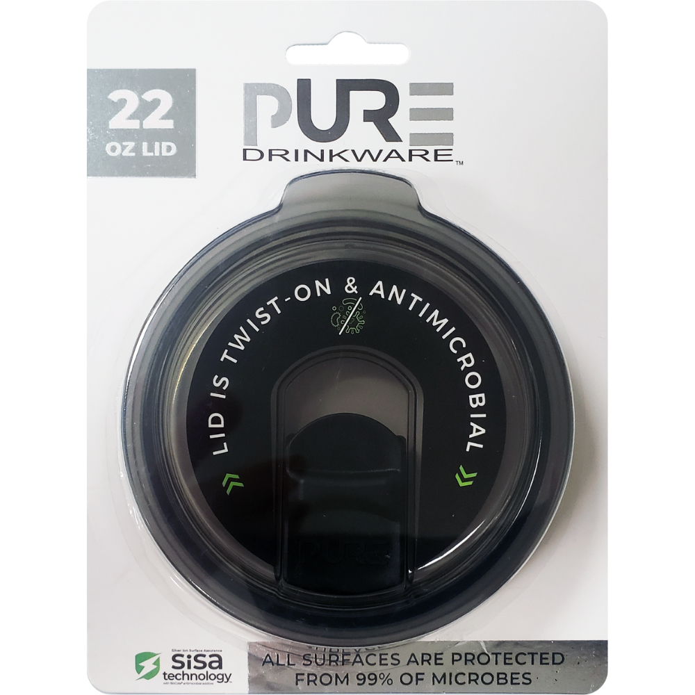 Black antimicrobial lid for 22oz tumblers with 'PURE' in packaging