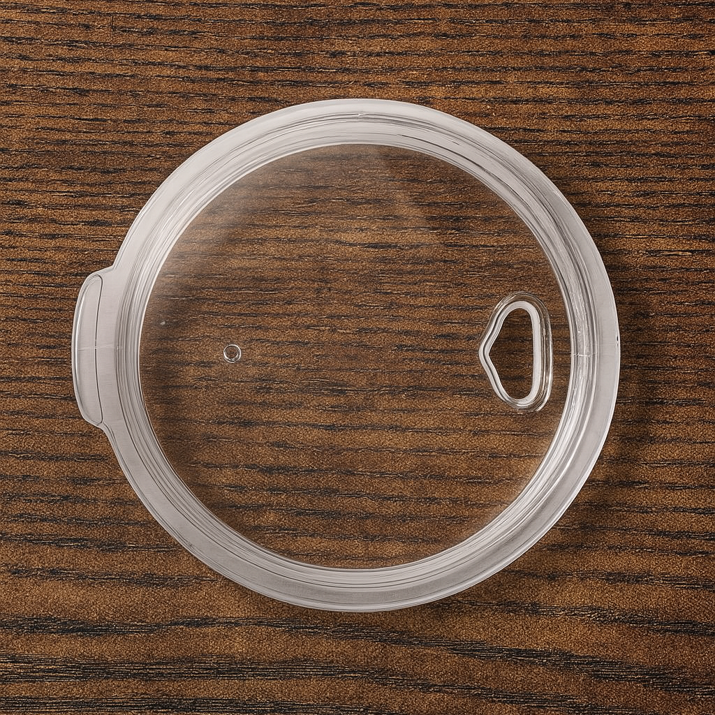Clear plastic lid for 3ooz and 32oz tumblers on wood surface