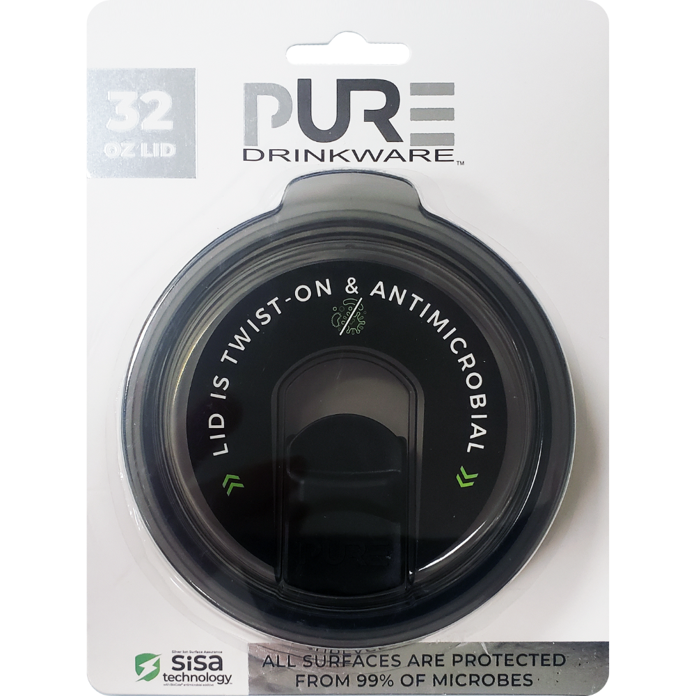 Black antimicrobial lid for 32oz tumblers with 'PURE' in packaging