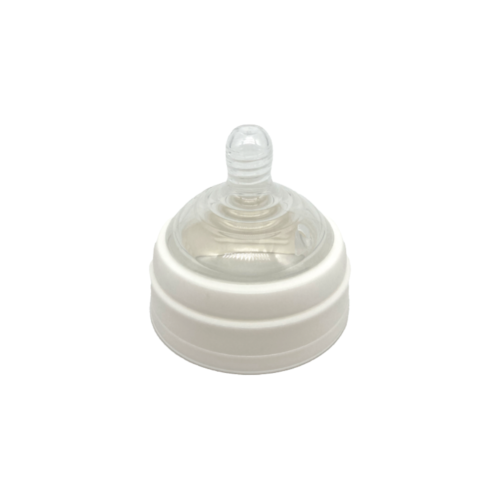White 9oz baby bottle lid with nipple on a white background