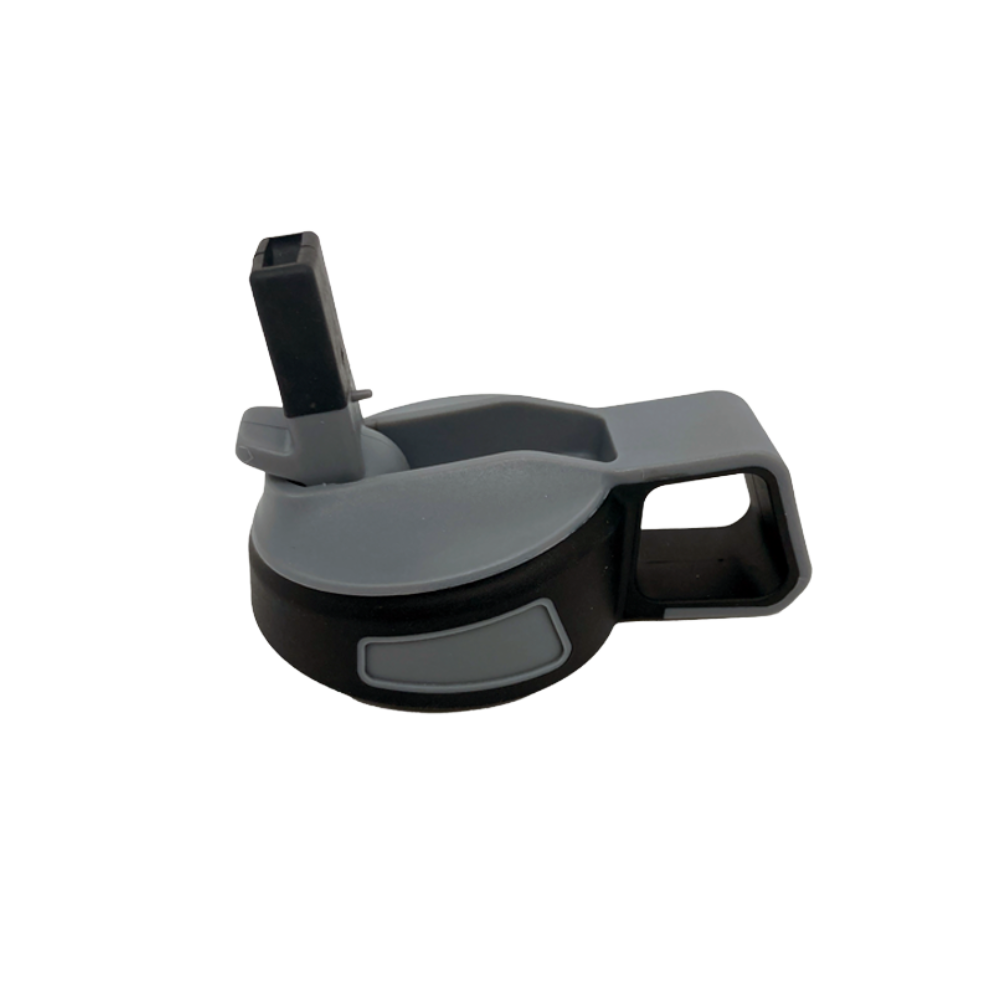 Black and gray plastic Kids Tumbler lis with straw on a white background