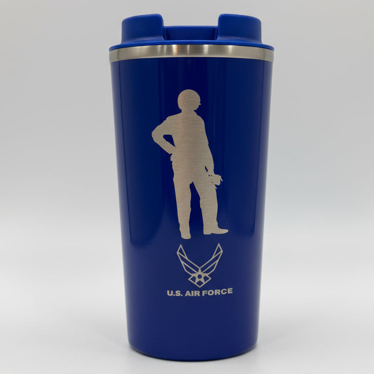 Blue 17oz tumbler with air force logo on a white background