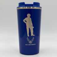 Blue 17oz tumbler with air force logo on a white background