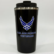 Black 17oz tumbler with U.S. Air Force Veteran logo on a white background