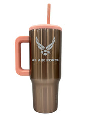 Rose Gold water bottle with pink handle and U.S. Air Force logo on a white background