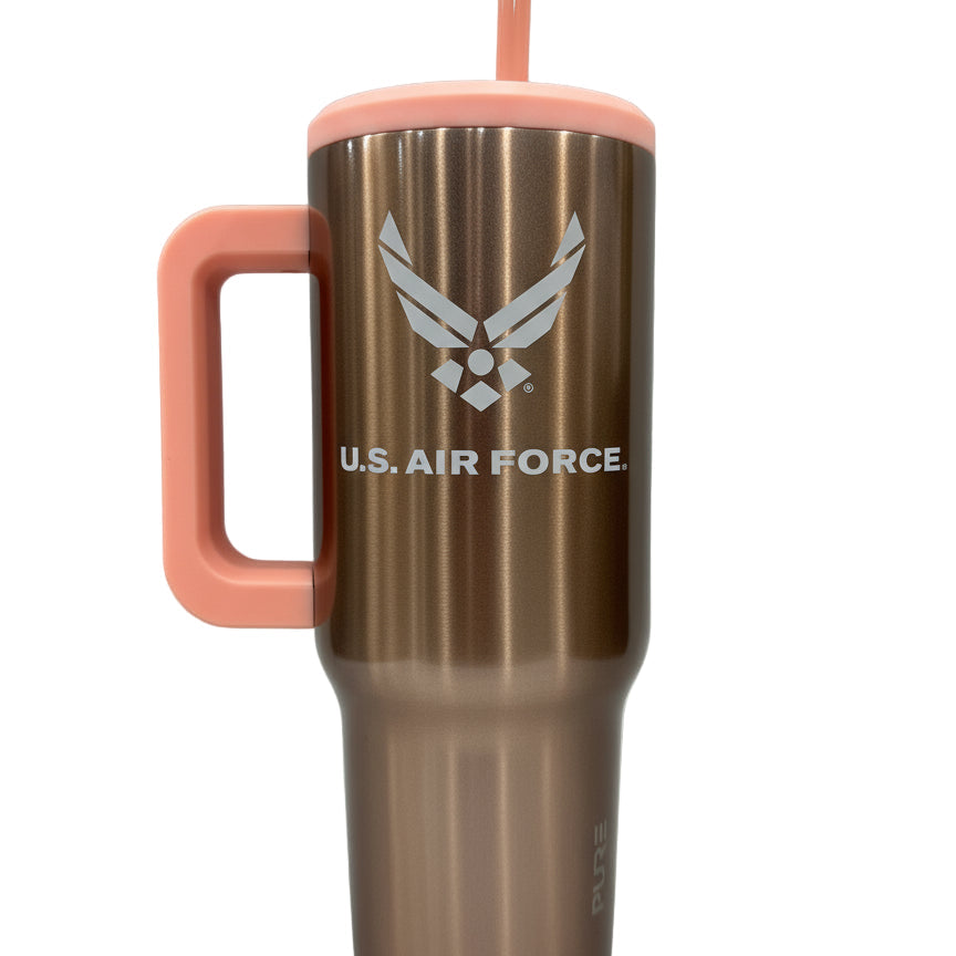 Rose Gold water bottle with pink handle and U.S. Air Force logo on a white background
