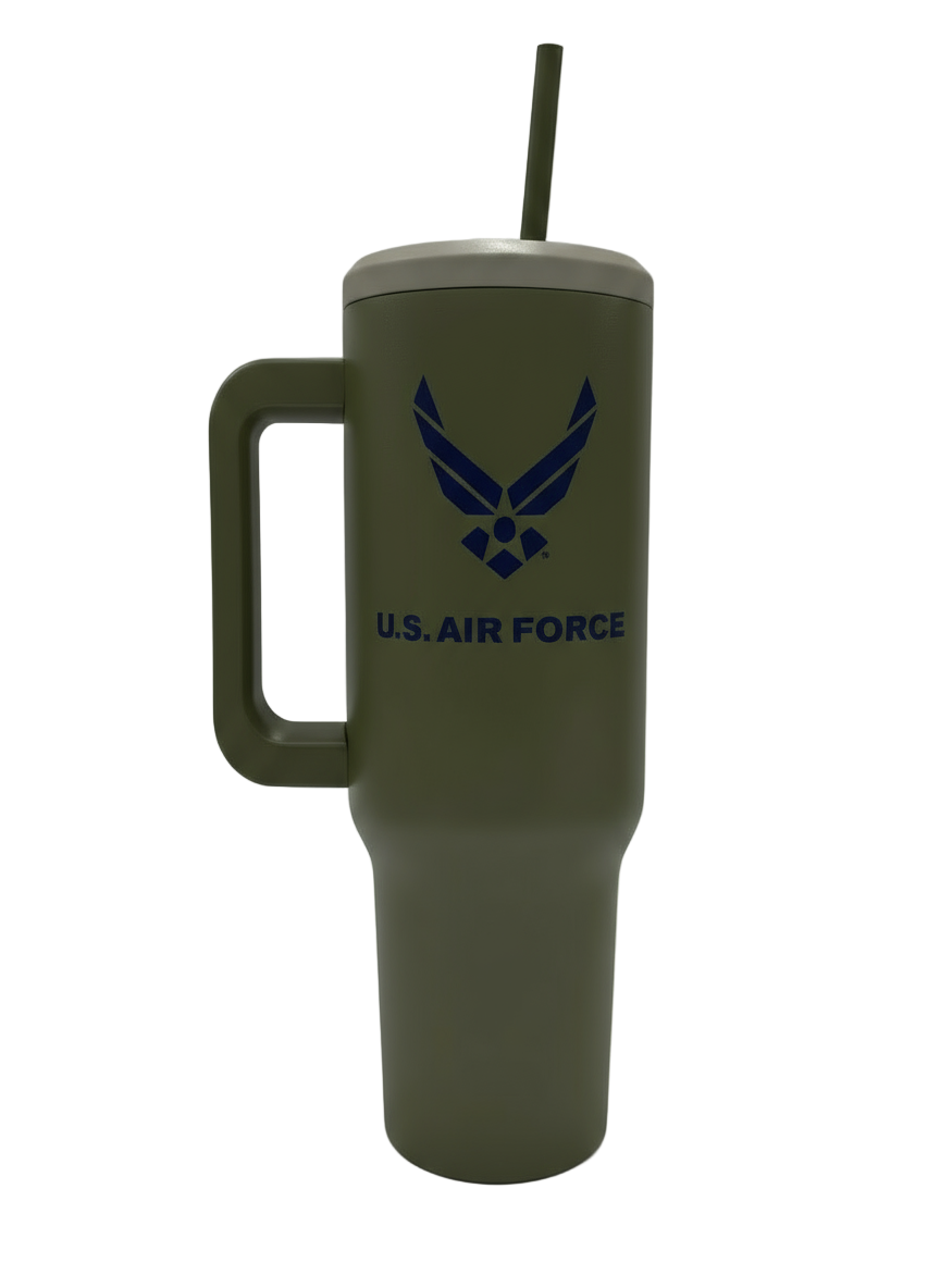 Green 40oz tumbler with U.S. Air Force logo on a white background