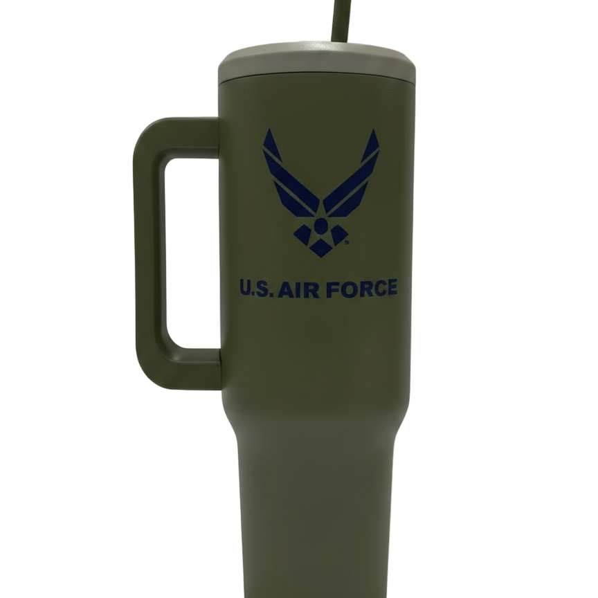 Green 40oz tumbler with U.S. Air Force logo on a white background