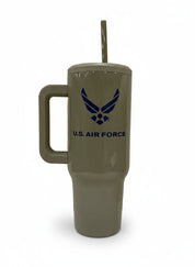 Gray 40oz tumbler with U.S. Air Force logo and a handle on a white background