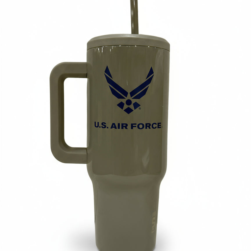 Gray 40oz tumbler with U.S. Air Force logo and a handle on a white background