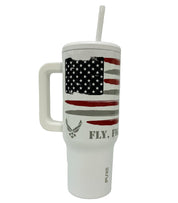 White 40oz Air Force tumbler with American flag design and Fly. Fight. Win. Text