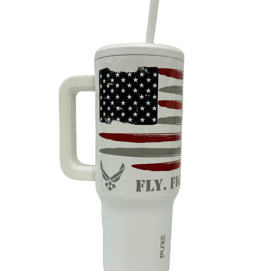 White 40oz Air Force tumbler with American flag design and Fly. Fight. Win. Text