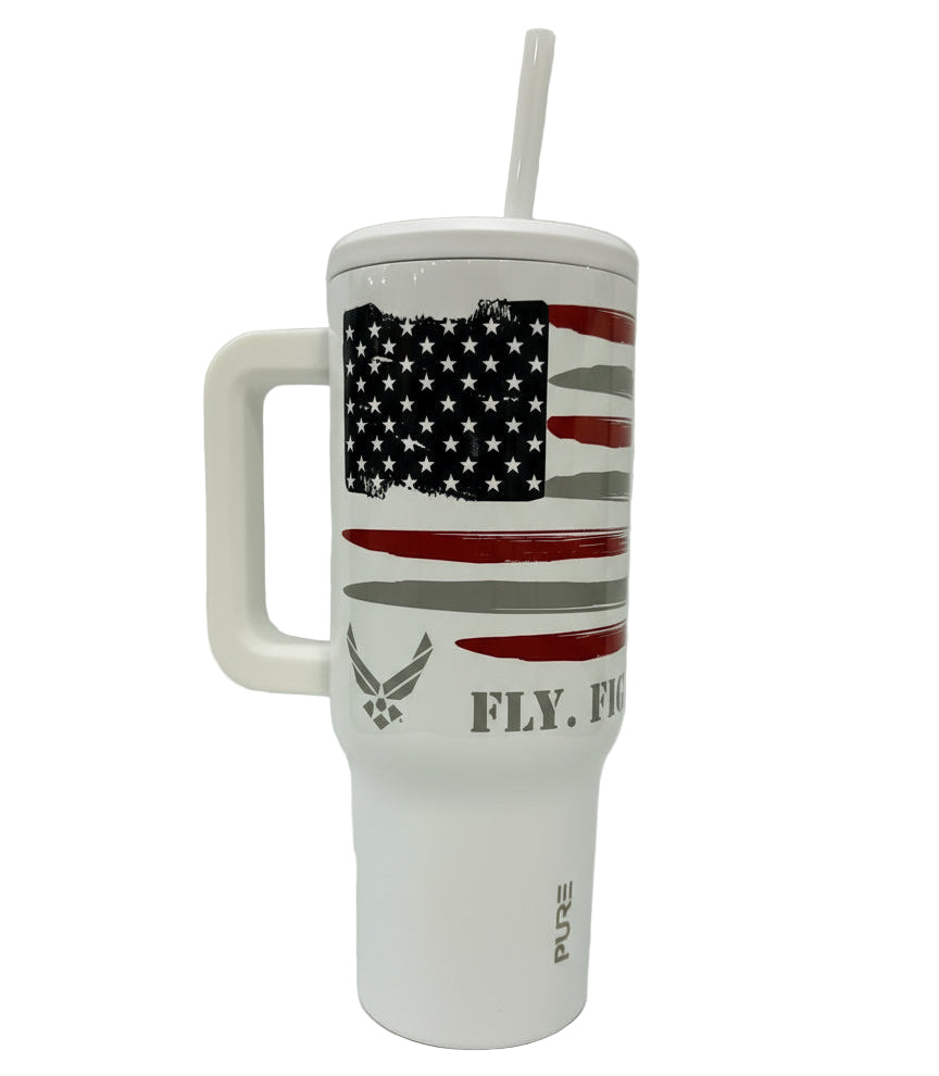White 40oz Air Force tumbler with American flag design and Fly. Fight. Win. Text