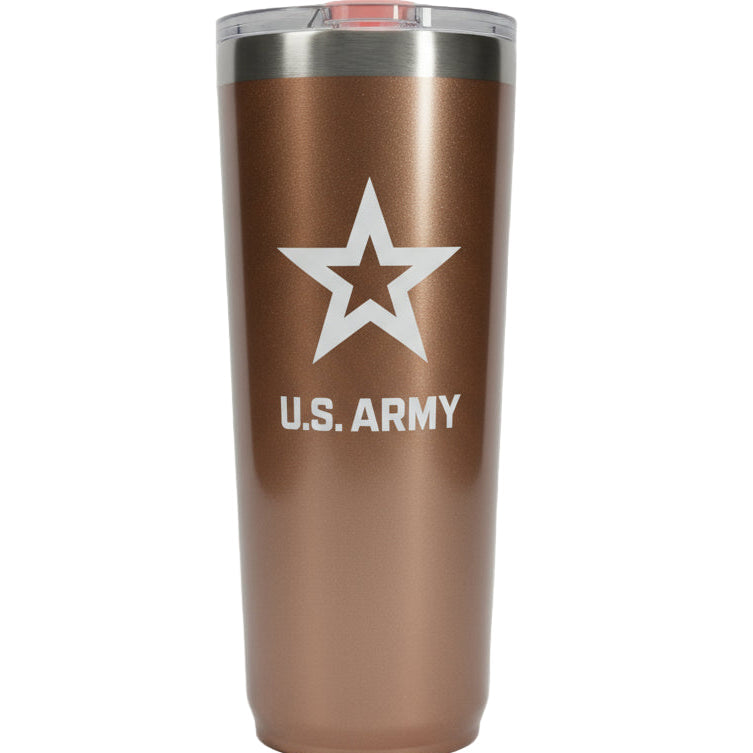 Rose gold 22oz tumbler with U.S. Army logo on a white background
