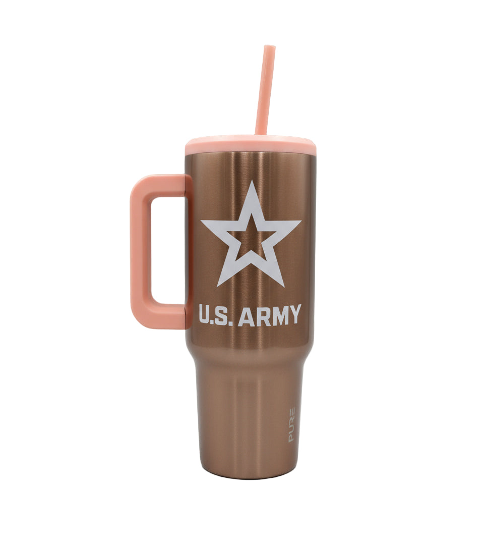 Rose Gold 40oz Tumbler with U.S. Army logo and pink handle on a white background