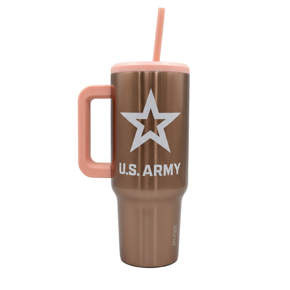 Rose Gold 40oz Tumbler with U.S. Army logo and pink handle on a white background