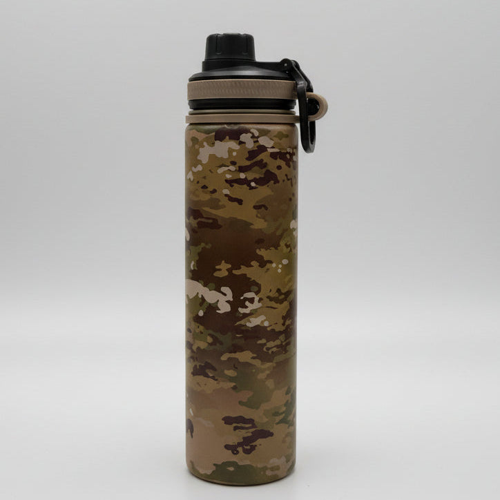 Camouflage-patterned water bottle on a white background