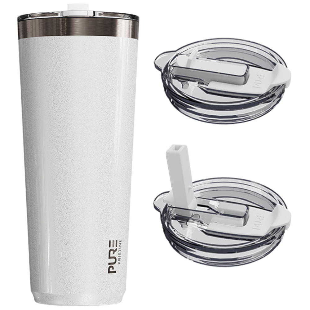 White tumbler with clear lid and straw on a white background