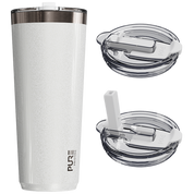 White tumbler with clear lid and straw on a white background