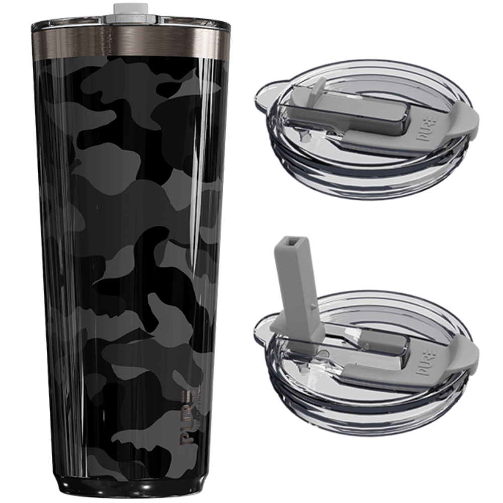 Black camouflage tumbler with two lids on a white background