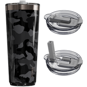 Black camouflage tumbler with two lids on a white background