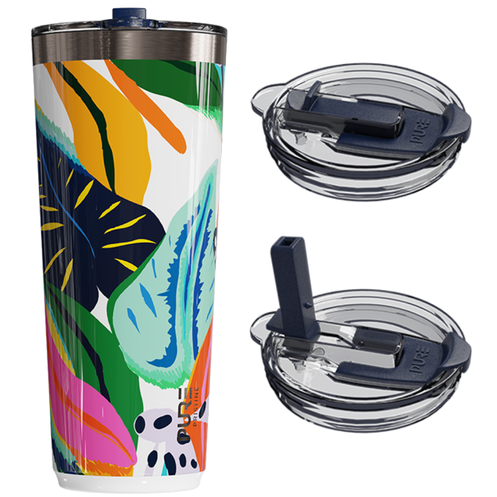 Colorful tumbler with two lids on a white background