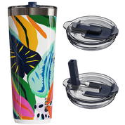 Colorful tumbler with two lids on a white background