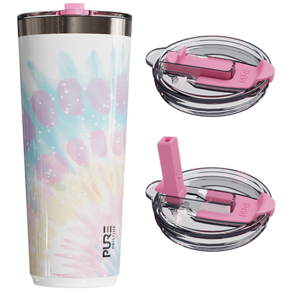 Tumbler with pink lid and straw, featuring a tie-dye design on a white background.