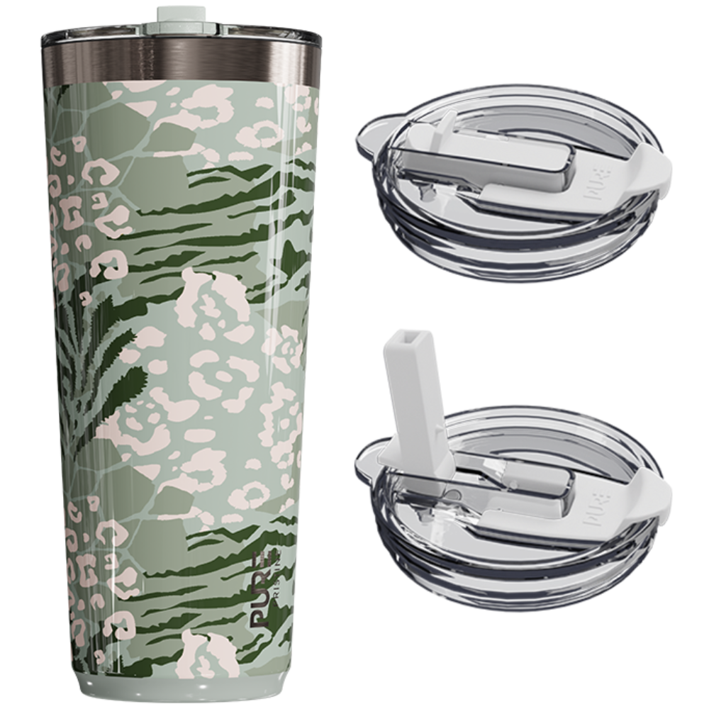 Tumbler with camouflage pattern, clear lid, and straw on a white background