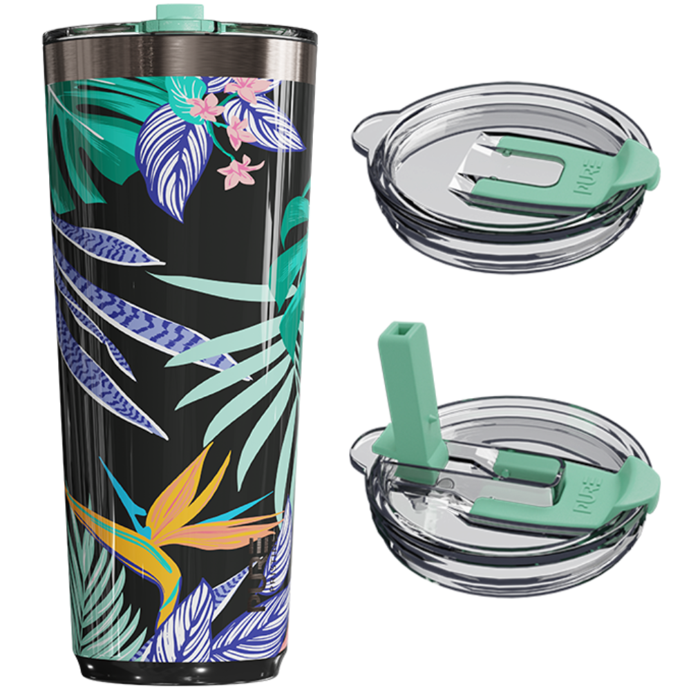 Tumbler with tropical leaf design and additional lids on a white background