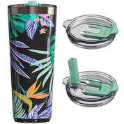 Tumbler with tropical leaf design and additional lids on a white background