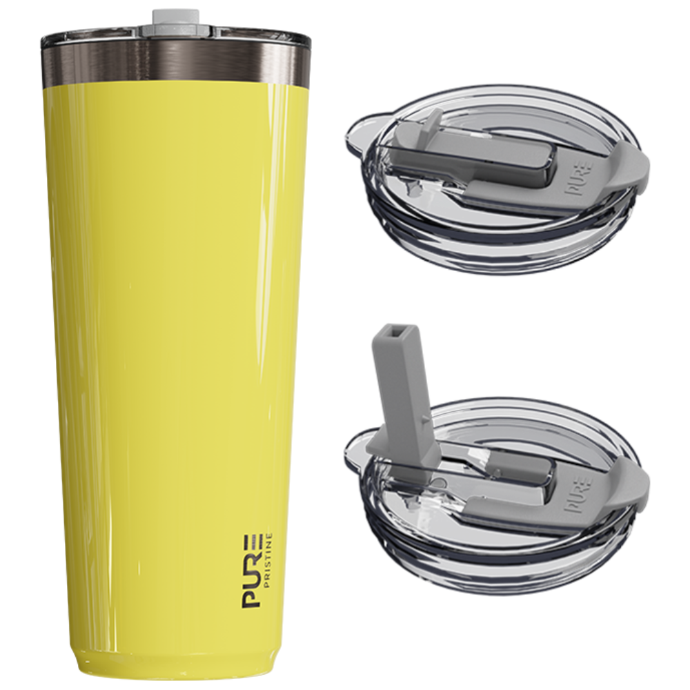 Banana Mania yellow tumbler with clear lid and straw on a white background