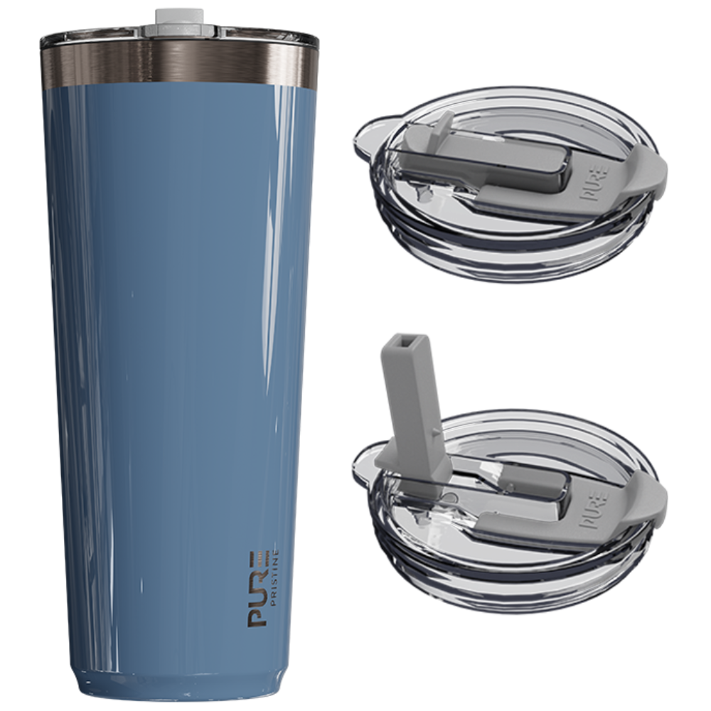 Denim blue insulated tumbler with two lids on a white background