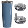 Denim blue insulated tumbler with two lids on a white background