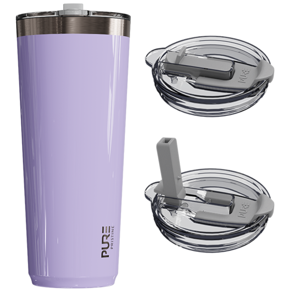 Lavender purple tumbler with two lids on a white background