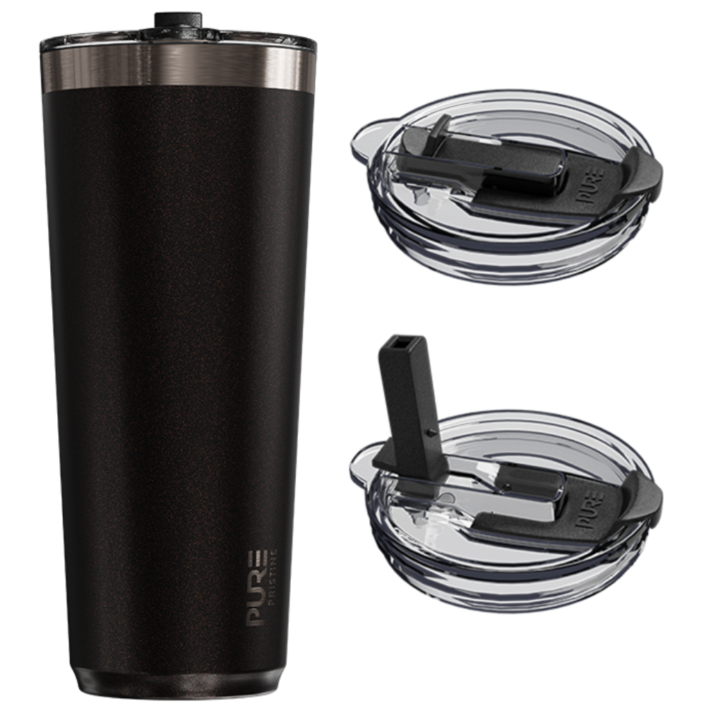 Midnight black tumbler with two lids on a white background