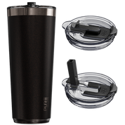 Midnight black tumbler with two lids on a white background