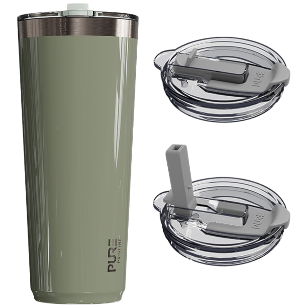 Olive green tumbler with multiple lids on a white background