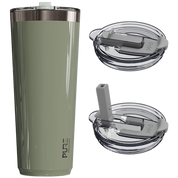 Olive green tumbler with multiple lids on a white background