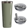 Olive green tumbler with multiple lids on a white background