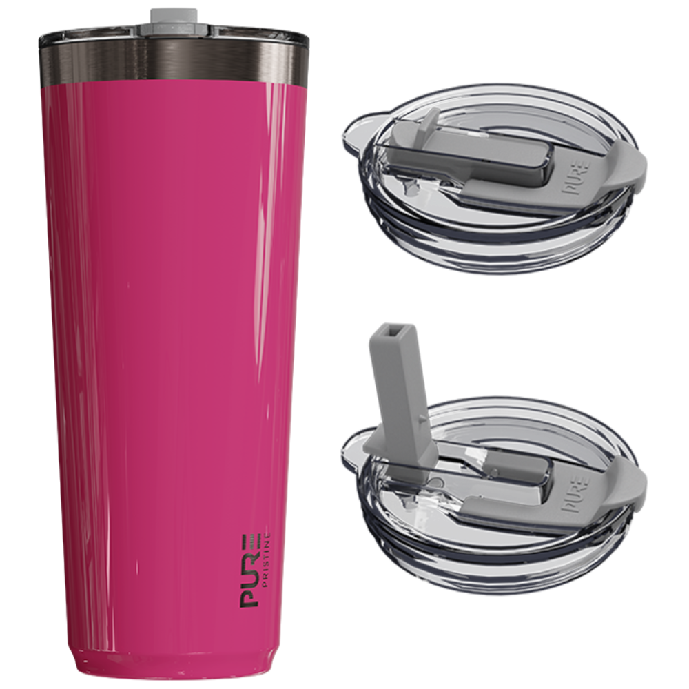 Pink tumbler with clear and gray lids on a white background