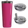 Pink tumbler with clear and gray lids on a white background